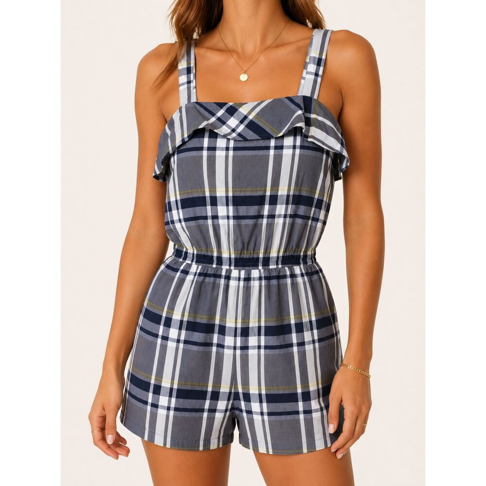 Banana Republic Plaid Cold Shoulder Romper Large Gray Ruffle Preppy Cottagecore
